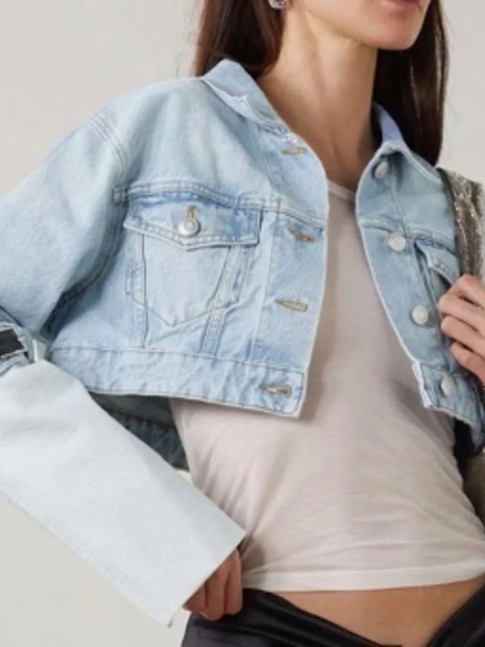 Coperni Blue Hybrid Crop Ice Blue Denim Jacket With Leather Accents